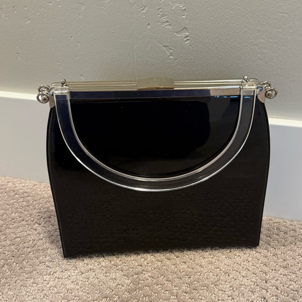 Vintage Black Acrylic Handle Patent Leather Evening Bag
